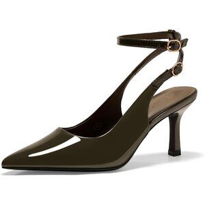 Women's Oil Green Pointed Toe High Heels Slingback Stiletto Ankle Strap Pumps